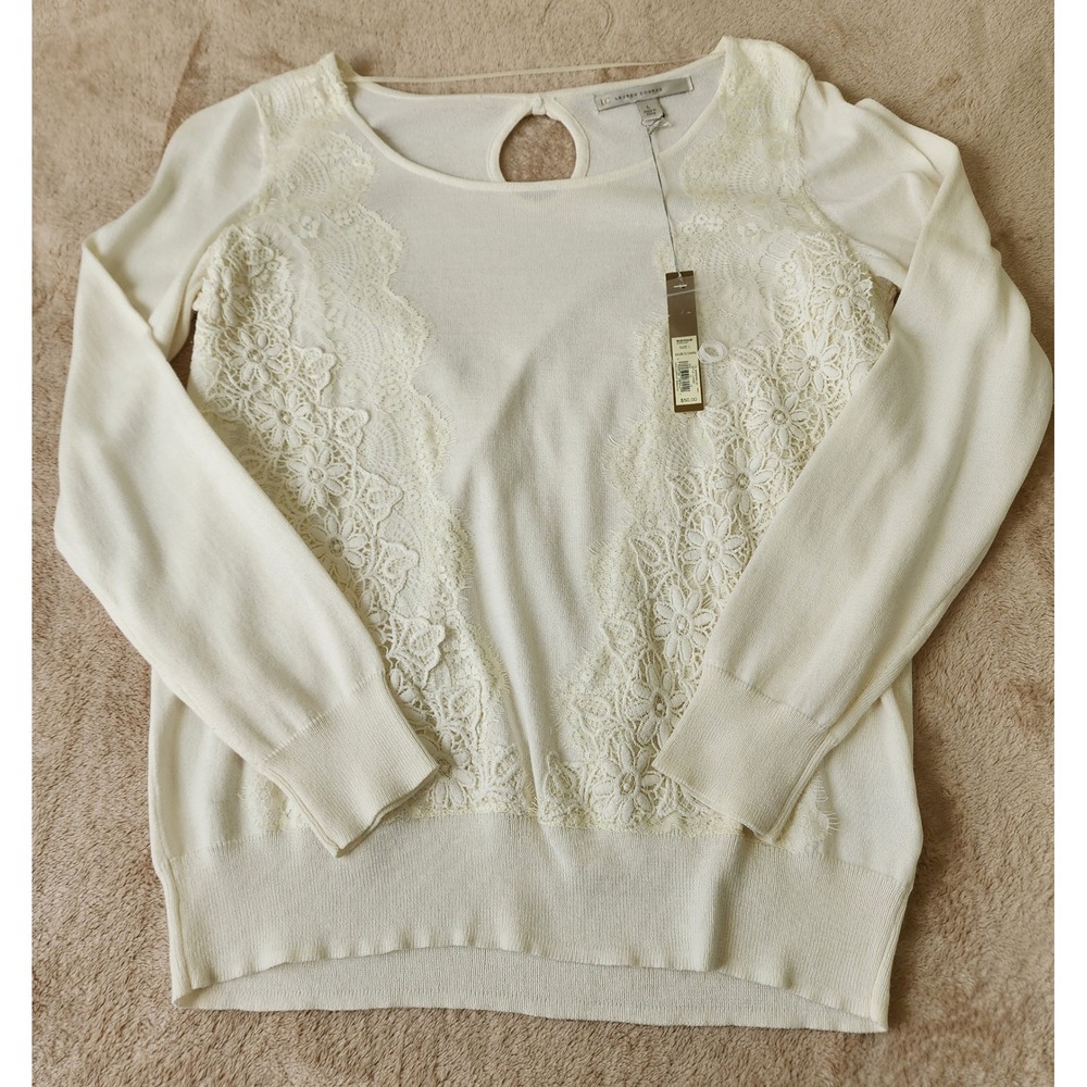 LC Lauren Conrad Lace Overlay Sweater Marshmallow White Keyhole Back L NEW